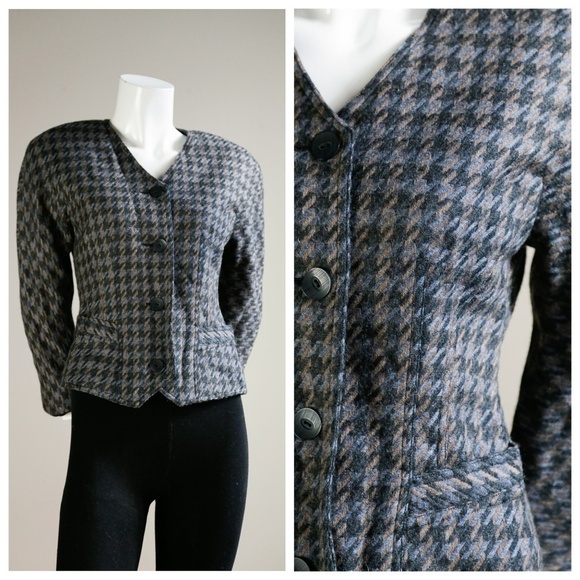 Vintage Fitted Hounds  Tooth Grey Wool Blazer - Picture 1 of 8